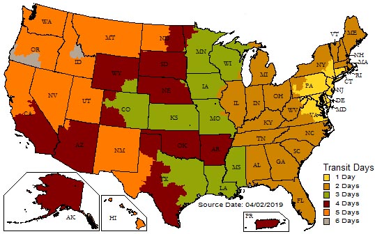 ups travel time map